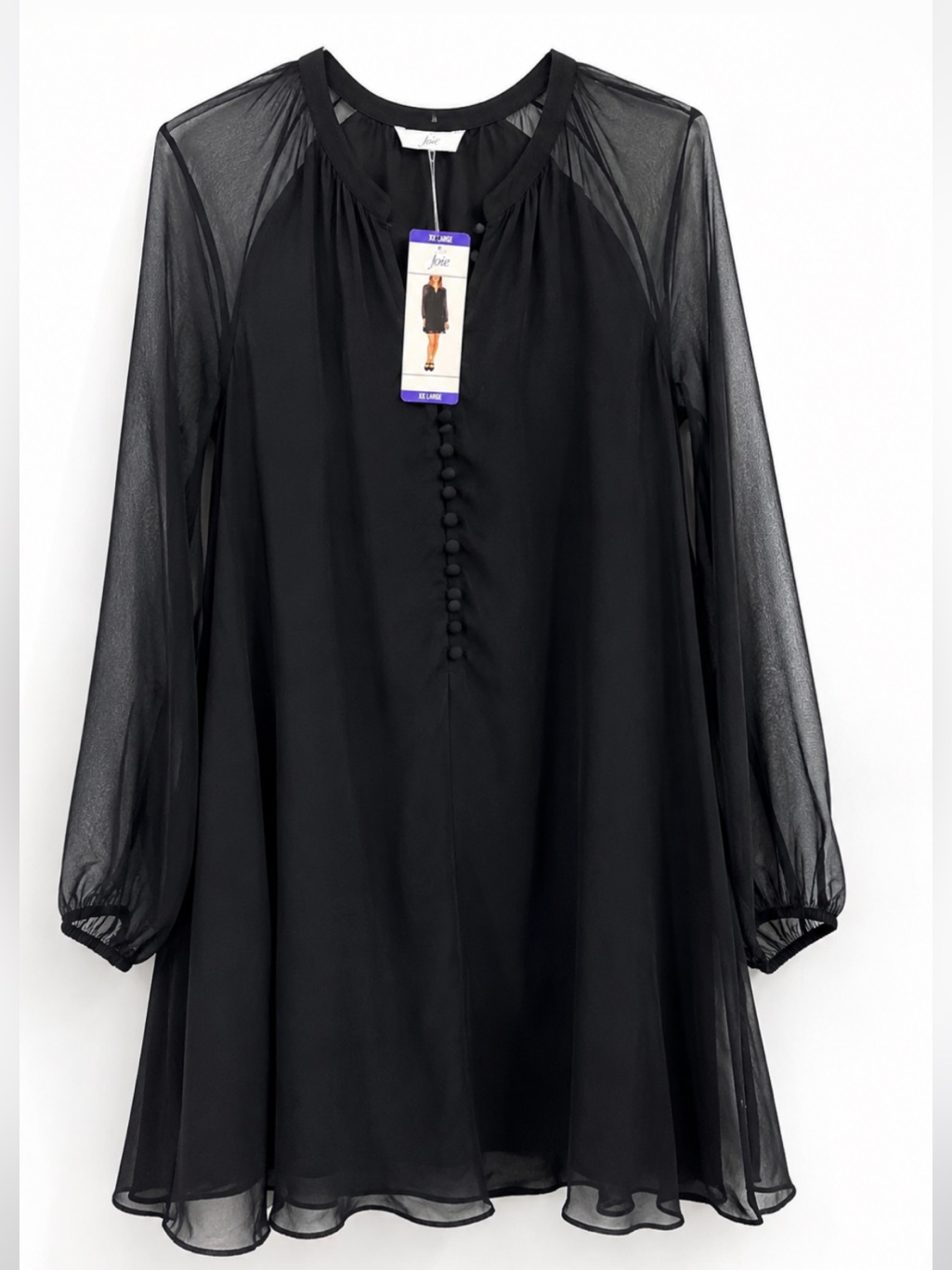 Nwt Joie Black Balloon Sleeve Chiffon Mini Dress Sheer Sleeves Xxl Msrp $378